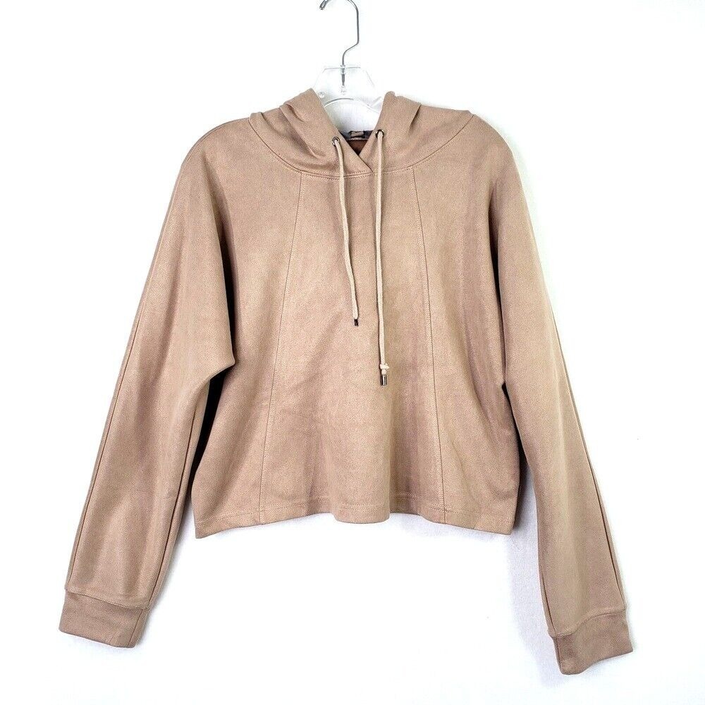 Tahari Faux Suede Beige Hoodie Drawstring Pullover Cropped Sweatshirt‎ Size M